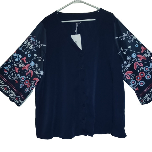 Bloomchic CHIC Top Blouse NAVY BLUE Floral Sleeves SIZE 18-20 Lightweight NWT - Picture 2 of 11